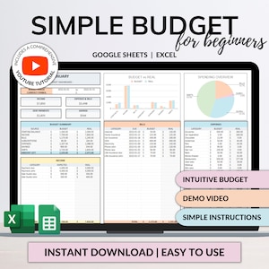 Könnte beinhalten: Ein Laptop-Bildschirm zeigt eine Google Sheets-Tabelle mit einer einfachen Budgetvorlage. Die Tabelle enthält Abschnitte für Einkommen, Ausgaben, Rechnungen und eine Budgetzusammenfassung. Die Vorlage ist für Anfänger konzipiert und enthält ein Demo-Video und einfache Anweisungen. Der Text auf dem Bildschirm lautet "SIMPLE BUDGET for beginners GOOGLE SHEETS | EXCEL INSTANT DOWNLOAD | EASY TO USE".