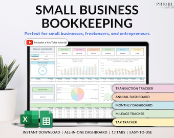 Small Business Bookkeeping Spreadsheet Income Expense Tracker Tax Tracker Accounting Template Mileage Tracker Business Planner Profit & Loss