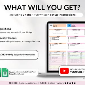 Perfect weekly planner with 1-week view including weekly and daily sections. ADHD weekly planner, time block planner, to do list, goal planner, habit tracker, and productivity planner. Works with Google Sheets and Excel. Ideal for organizing tasks, scheduling your week, tracking goals, and managing personal, family, and work routines efficiently.