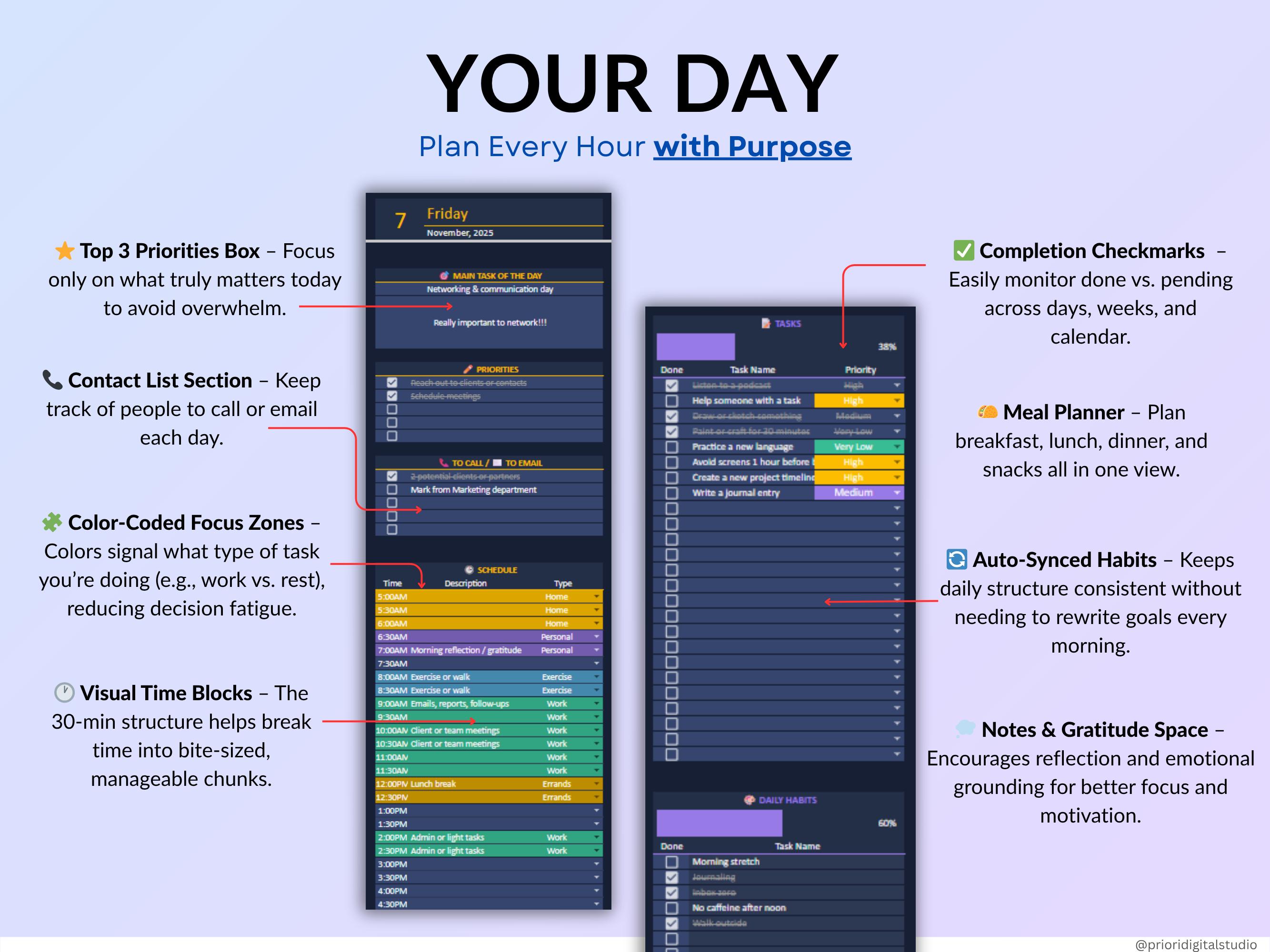 Weekly Planner Daily Task Tracker Dark Mode Spreadsheet Google Sheets ...