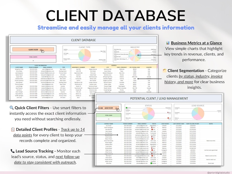 Small business spreadsheet bundle for service business owners available in Excel and Google Sheets. Includes bookkeeping spreadsheet, client tracker, CRM, payroll tracker, invoice tracker, and order tracker to organize finances and customers. Perfect all-in-one toolkit to manage your service business, streamline bookkeeping, and track clients, orders, and payments with ease in one simple system.