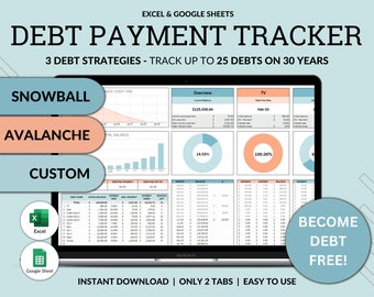 Debt Tracker Payment Debt Snowball Excel Debt Avalanche Calculator for Google Sheet Student Loan Mortgage House Payment Credit Card Payoff