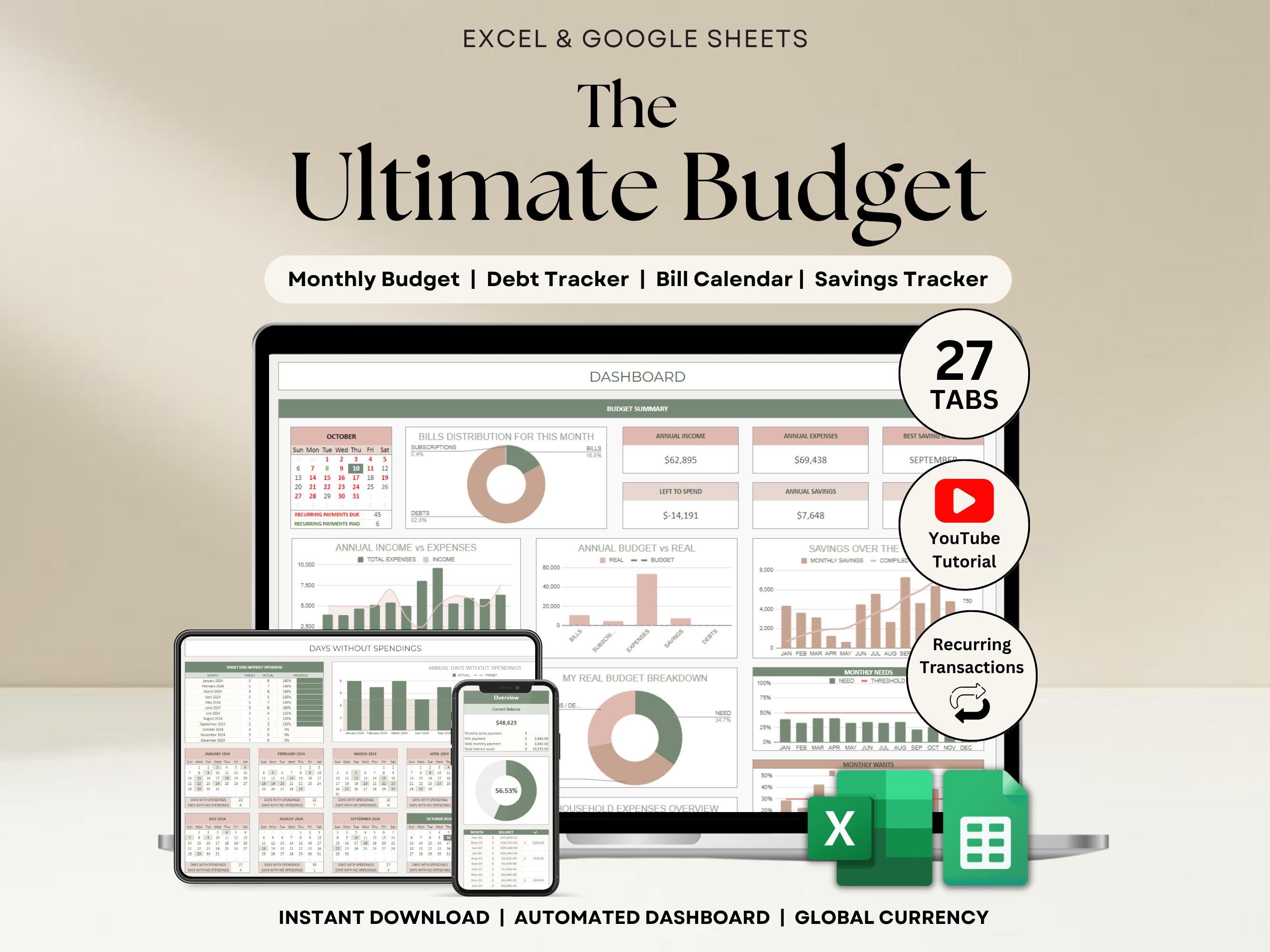 Ultimate Annual Budget Spreadsheet Excel Google Sheets Budget Template Monthly Budget Tracker Financial Planner Bill Tracker Debt Tracker