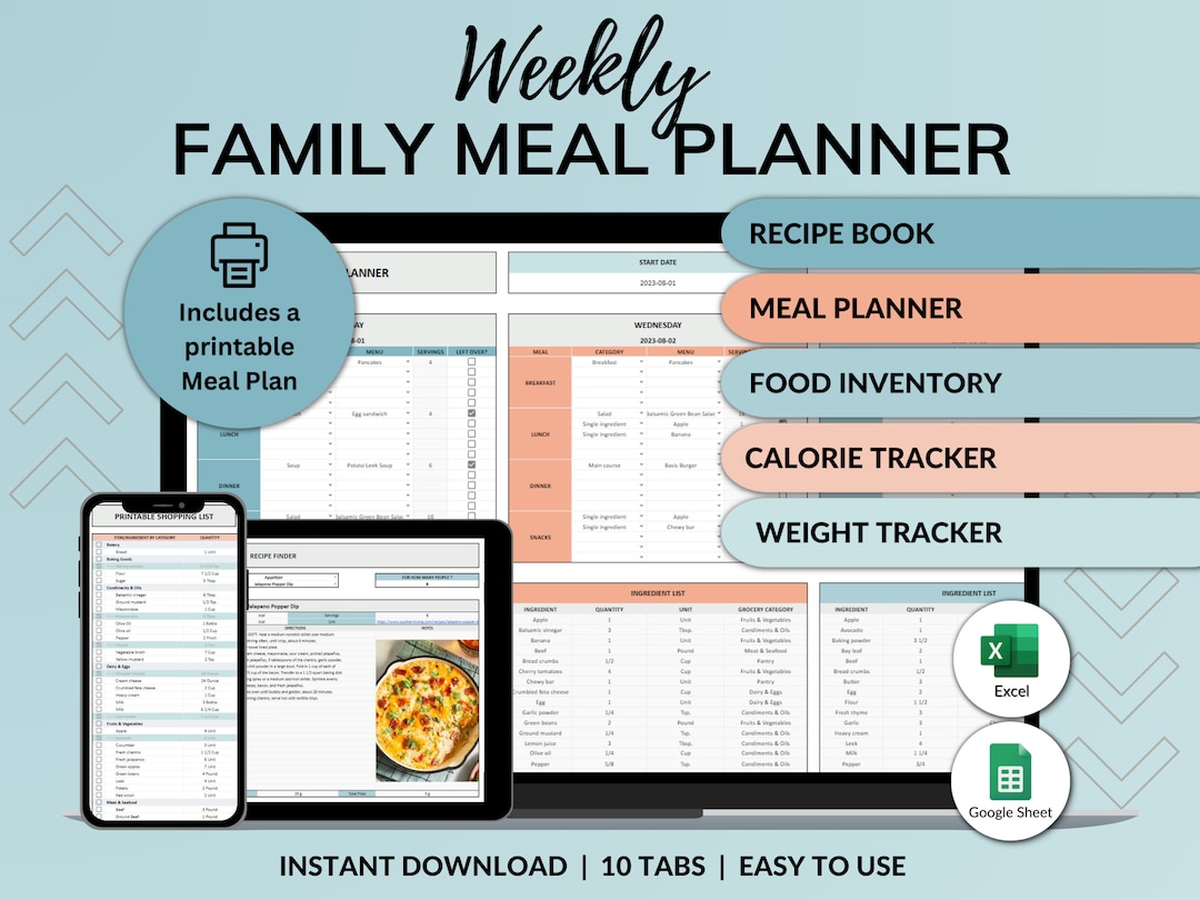 Weekly Meal Planner Spreadsheet Google Sheets Excel Recipe - Etsy