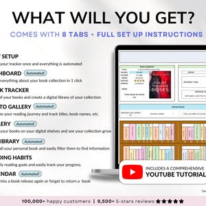 Premium book tracker spreadsheet for Google Sheets and Excel, designed as a digital reading journal, book planner, and personal book library. Track up to 5,000 books, manage reading lists, log book reviews, monitor reading habits, view automated charts and tables, and track book releases with an automated calendar. Beginner-friendly digital book tracker template for book lovers.