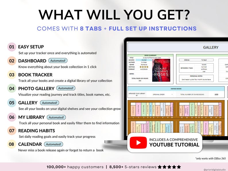 Premium book tracker spreadsheet for Google Sheets and Excel, designed as a digital reading journal, book planner, and personal book library. Track up to 5,000 books, manage reading lists, log book reviews, monitor reading habits, view automated charts and tables, and track book releases with an automated calendar. Beginner-friendly digital book tracker template for book lovers.