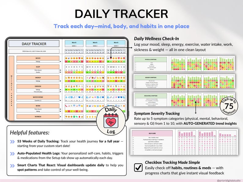 Health Wellness Tracker Spreadsheet Google Sheets Chronic Illness Symptom Log Daily Mental Health Journal Pain Tracker Excel Medical Binder Symptom Analyzer Sleep Tracker Medical Record Tracker