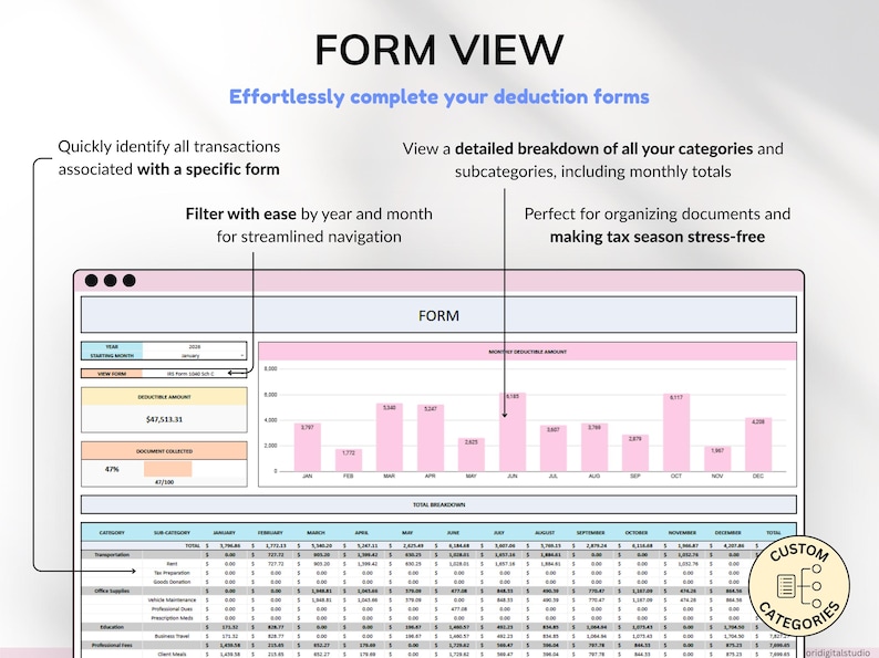 Business tax spreadsheet built for self-employed individuals, freelancers, and small business owners. Track deductions, write-offs, and tax-related transactions in one organized Google Sheets tax tracker. Perfect for annual reporting, 1099 form prep, and staying on top of business accounting and finance management.