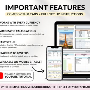 May include: A pink and white digital travel budget planner with 8 tabs, a YouTube tutorial, and a screenshot of the planner on a laptop and phone. The planner includes automatic calculations, works with every currency, and is easy to set up.  The planner can track up to 8 weeks of travel and is available on mobile and tablet.