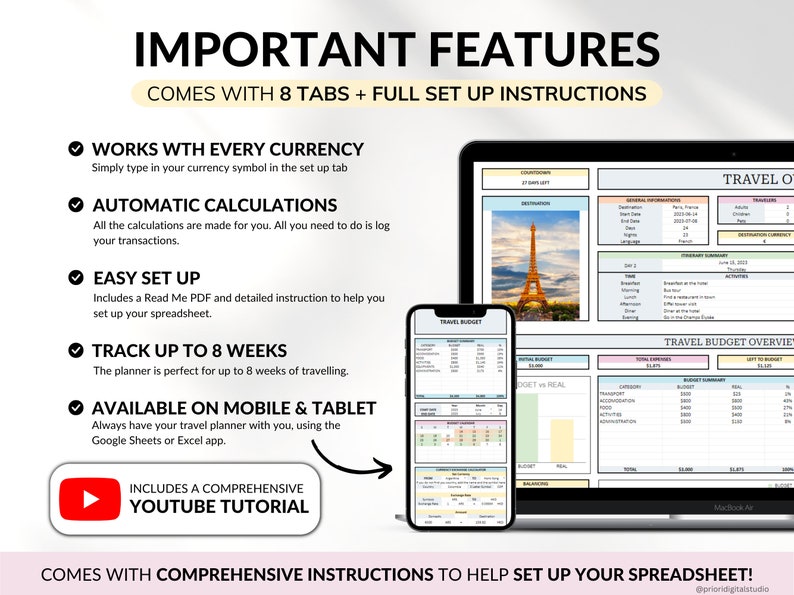 May include: A pink and white digital travel budget planner with 8 tabs, a YouTube tutorial, and a screenshot of the planner on a laptop and phone. The planner includes automatic calculations, works with every currency, and is easy to set up.  The planner can track up to 8 weeks of travel and is available on mobile and tablet.
