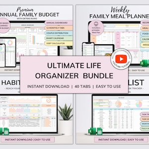 Puede incluir: Un gráfico rosa y blanco que promociona un paquete de organización de vida definitiva con 40 pestañas. El paquete incluye un presupuesto familiar anual imprimible, un planificador de comidas familiar semanal, un rastreador de hábitos y una lista de tareas. El gráfico presenta imágenes de pantallas de computadora con hojas de cálculo y gráficos.