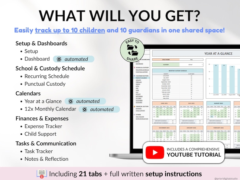 Co-parenting planner for Google Sheets to help divorced or separated parents track custody schedules, child support, shared expenses, and visitation. Includes automated calendar, recurring and one-time schedules, and expense tracking to simplify co-parenting and financial management. Perfect digital tool for organized, stress-free custody and parenting coordination.