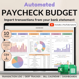 Planificador de presupuesto de sueldo Plantilla de Excel y hojas de cálculo de Google Presupuesto de sueldo semanal Hoja de cálculo de sueldo quincenal Seguimiento de facturas Presupuesto personalizado