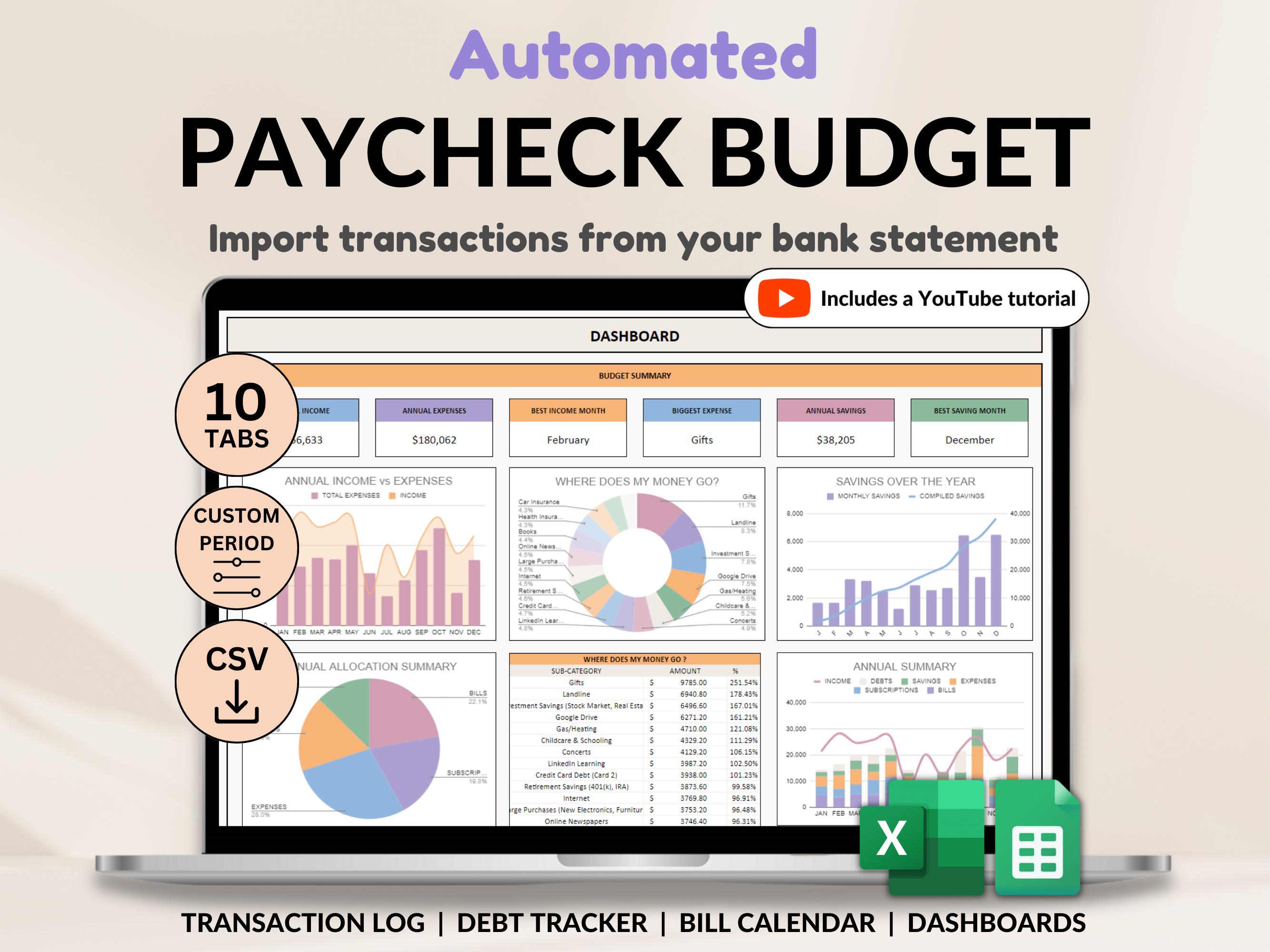 Paycheck Budget Planner Excel & Google Sheets Template Weekly Paycheck ...