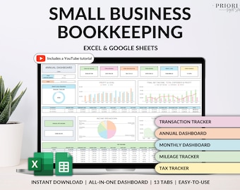 Small Business Bookkeeping Spreadsheet Income Expense Tracker Tax Tracker Accounting Template Mileage Tracker Business Planner Profit & Loss