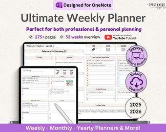 OneNote Template for 2025 Weekly Digital Planner Monthly OneNote Planner Hyperlinked Planner Organization Planner Professional Dated Planner