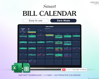 Bill Tracker Spreadsheet Dark Mode Google Sheets Excel Bill Calendar Monthly Smart Bill Planner Editable Calendar Personal Finance Budget