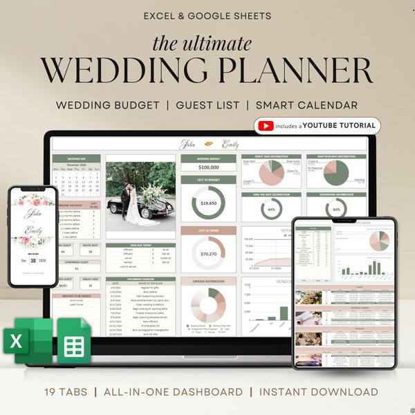 Tableur de l'organisateur de mariage Suivi du budget du mariage Liste de contrôle de la chronologie du mariage Suivi de la liste des invités Itinéraire de mariage Plan de la salle des fêtes Cadeau de mariage