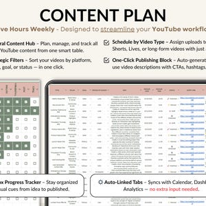 A complete YouTube creator planner in Excel and Google Sheets. Includes brand identity, goals, dashboard, monthly and weekly calendars, video content planning, 30-day schedule, collaboration tracker, and finance hub. Perfect for YouTubers, vloggers, and social media content creators to stay organized, plan videos, track progress, and grow their channel with a clear content strategy and planner system.
