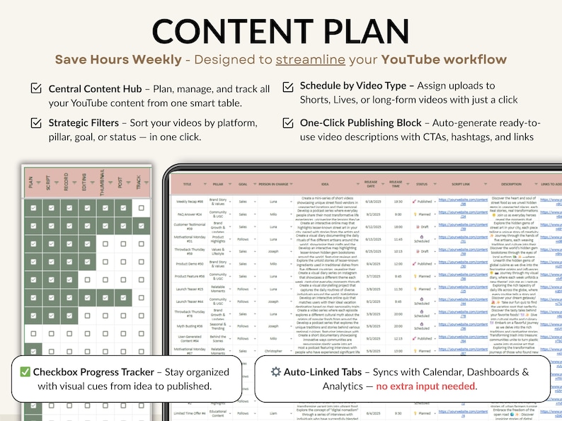 A complete YouTube creator planner in Excel and Google Sheets. Includes brand identity, goals, dashboard, monthly and weekly calendars, video content planning, 30-day schedule, collaboration tracker, and finance hub. Perfect for YouTubers, vloggers, and social media content creators to stay organized, plan videos, track progress, and grow their channel with a clear content strategy and planner system.