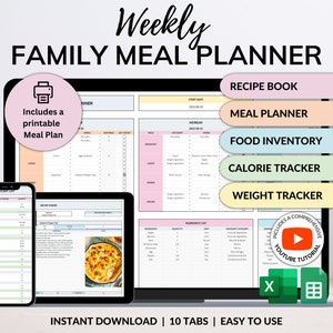 Wekelijkse maaltijdplanner Spreadsheet Google Spreadsheets Excel Receptendagboek Calorietracker Automatische boodschappenlijst Tracker voor gewichtsverlies Voedselinventaris
