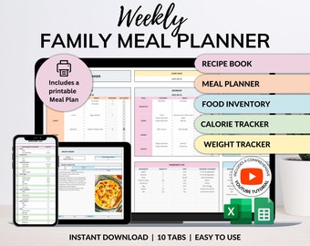 Weekly Meal Planner Spreadsheet Google Sheets Excel Recipe Journal Calorie Tracker Automatic Grocery List Weight Loss Tracker Food Inventory