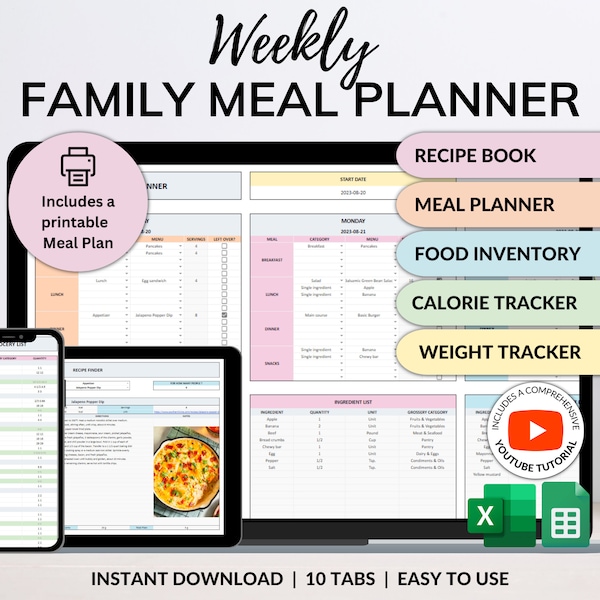 Weekly Meal Planner Spreadsheet Google Sheets Excel Recipe Journal Calorie Tracker Automatic Grocery List Weight Loss Tracker Food Inventory