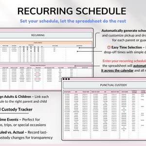 Co-parenting planner for Google Sheets to help divorced or separated parents track custody schedules, child support, shared expenses, and visitation. Includes automated calendar, recurring and one-time schedules, and expense tracking to simplify co-parenting and financial management. Perfect digital tool for organized, stress-free custody and parenting coordination.