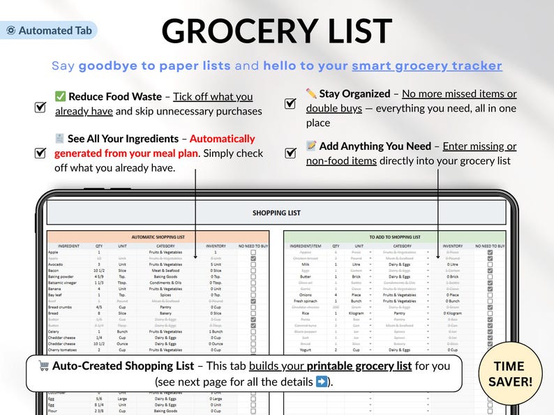 Weekly Meal Planner Spreadsheet for Google Sheets and Excel – organize your family meals, track recipes, plan grocery lists, monitor calories and macros, log hydration and weight, and manage food inventory automatically. Includes 15 tabs for recipes, meal scheduling, printable shopping lists, and weight loss tracking. Perfect for efficient meal planning and healthy eating.