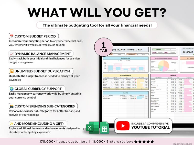 Easy Budget Planner for Google Sheets and Excel — an all-in-one paycheck budgeting spreadsheet designed to help you manage your weekly, biweekly, and monthly finances. Track income, expenses, bills, and savings goals effortlessly. Perfect for personal finance management, money tracking, and improving your financial planning with a clear, customizable budget template