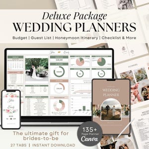 May include: A digital wedding planner with 135+ pages, designed for Canva. The planner includes a budget tracker, guest list, honeymoon itinerary, checklist, and more. The image shows a laptop, tablet, and phone displaying different sections of the planner.