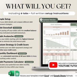 Ultimate Debt Dashboard spreadsheet to track and pay off debt with snowball, avalanche, or custom strategy with custom payment amounts. Includes debt payoff tracker, debt payoff spreadsheet, credit card and loan tracker, mortgage and student loan payoff calculator, credit score tracker and credit utilization tracking, monthly dashboard, repayment calculator. Google Sheets and Excel debt tracker for personal finance, budget planner, financial planner.