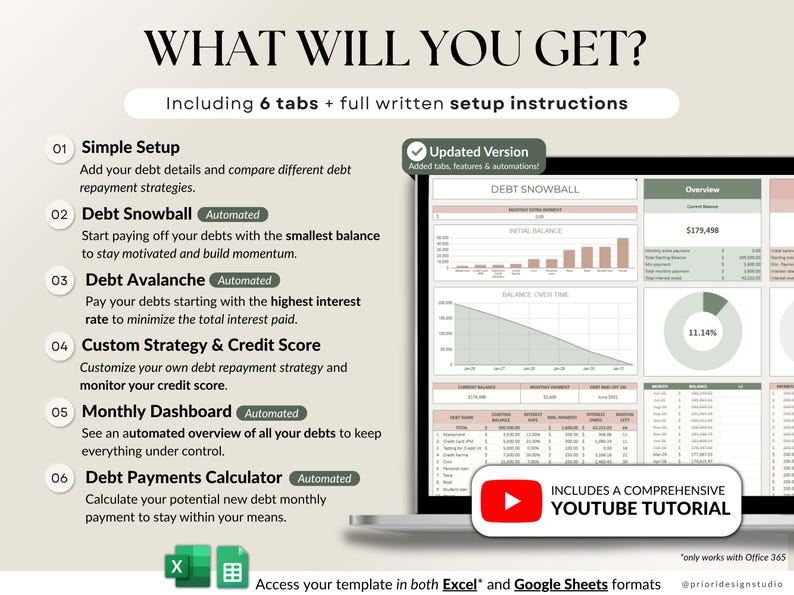 Ultimate Debt Dashboard spreadsheet to track and pay off debt with snowball, avalanche, or custom strategy with custom payment amounts. Includes debt payoff tracker, debt payoff spreadsheet, credit card and loan tracker, mortgage and student loan payoff calculator, credit score tracker and credit utilization tracking, monthly dashboard, repayment calculator. Google Sheets and Excel debt tracker for personal finance, budget planner, financial planner.