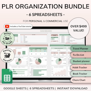 PLR Organisations-Bundle Kommerzielle Nutzung PLR Google Sheets Wiederverkaufsrechte PLR Vorlage To-Do Liste Reiseplaner Buch-Tracker Habit-Tracker