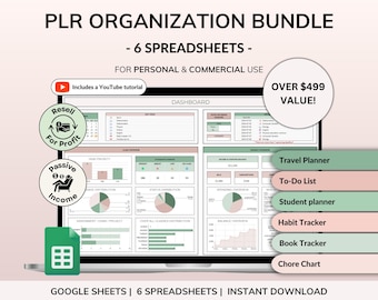 Pakiet organizacyjny PLR Prawa do odsprzedaży PLR Arkusze Google Szablon PLR Lista zadań Planer podróży Śledzenie książek Śledzenie nawyków