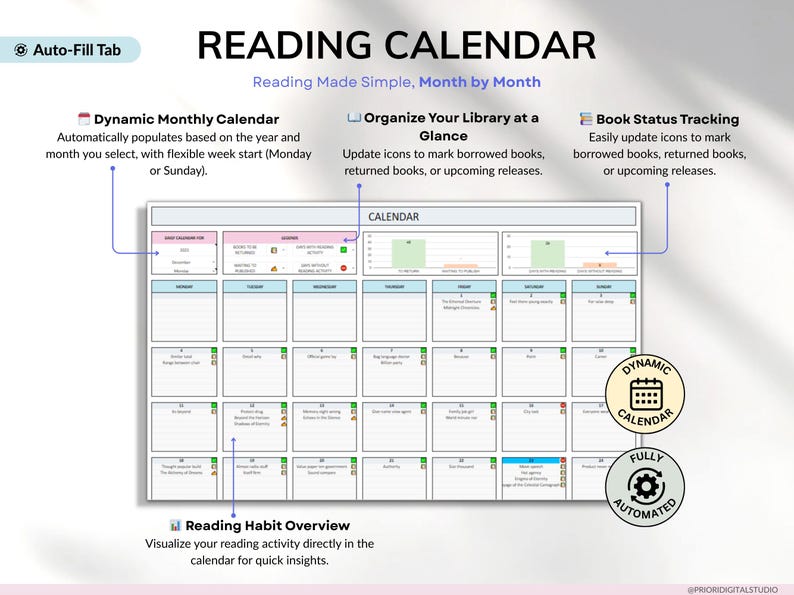Premium book tracker spreadsheet for Google Sheets and Excel, designed as a digital reading journal, book planner, and personal book library. Track up to 5,000 books, manage reading lists, log book reviews, monitor reading habits, view automated charts and tables, and track book releases with an automated calendar. Beginner-friendly digital book tracker template for book lovers.
