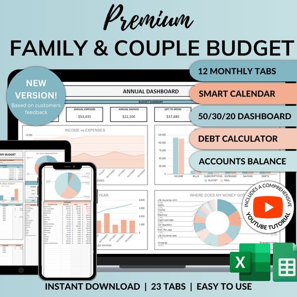 Family Annual Budget Excel Spreadsheet Google Sheets Monthly Biweekly Budget Tracker Couple Financial Planner Bill Calendar Debt Tracker