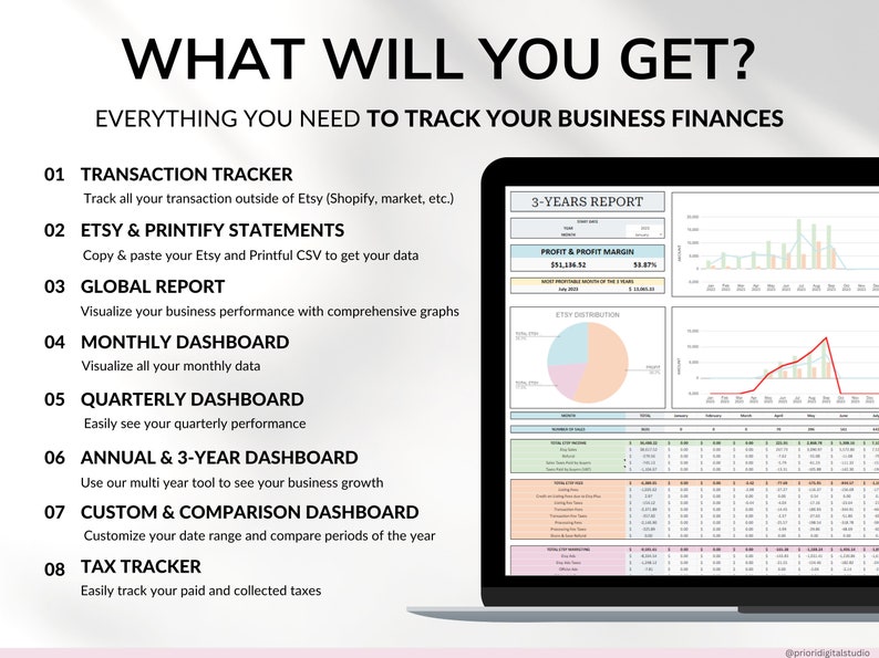 Etsy Seller Bookkeeping Spreadsheet POD Small Business Planner Income Expense Profit Tracker Google Sheets Excel Printify Profit Tax Tracker