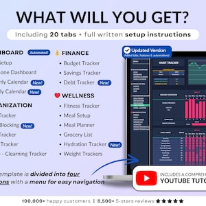 Dark mode ADHD Life Planner designed in Google Sheets and Excel to help you stay organized with an all-in-one digital dashboard. Includes a 2026 calendar, weekly and monthly planners, to-do lists, time blocking, goal tracking, habit tracker, budget and savings trackers, debt tracker, meal planner, grocery list, fitness and hydration trackers. A simple, modern, and easy-to-use spreadsheet template for everyday life management.
