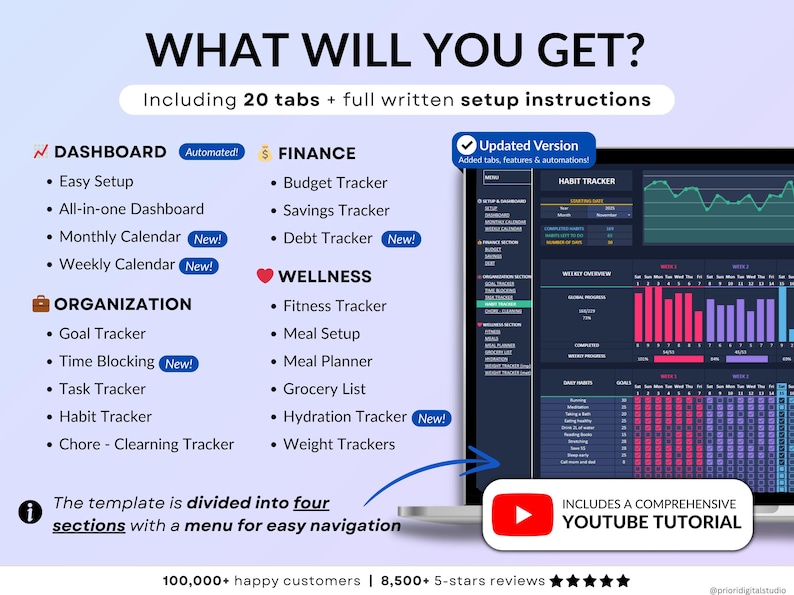 Dark mode ADHD Life Planner designed in Google Sheets and Excel to help you stay organized with an all-in-one digital dashboard. Includes a 2026 calendar, weekly and monthly planners, to-do lists, time blocking, goal tracking, habit tracker, budget and savings trackers, debt tracker, meal planner, grocery list, fitness and hydration trackers. A simple, modern, and easy-to-use spreadsheet template for everyday life management.
