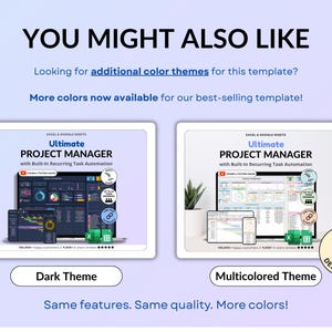 Project Management Spreadsheet for Excel and Google Sheets in dark mode designed for small businesses, teams, and freelancers. Includes dashboards, recurring tasks, Gantt chart, Kanban board, Eisenhower matrix, task tracker, project timeline, and schedule templates
