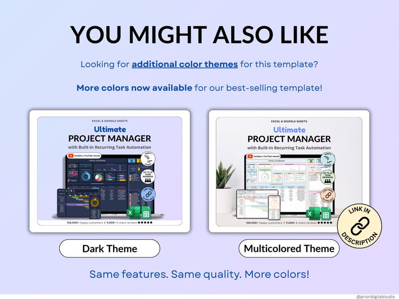 Project Management Spreadsheet for Excel and Google Sheets in dark mode designed for small businesses, teams, and freelancers. Includes dashboards, recurring tasks, Gantt chart, Kanban board, Eisenhower matrix, task tracker, project timeline, and schedule templates