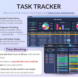 Dark mode ADHD Life Planner designed in Google Sheets and Excel to help you stay organized with an all-in-one digital dashboard. Includes a 2026 calendar, weekly and monthly planners, to-do lists, time blocking, goal tracking, habit tracker, budget and savings trackers, debt tracker, meal planner, grocery list, fitness and hydration trackers. A simple, modern, and easy-to-use spreadsheet template for everyday life management.