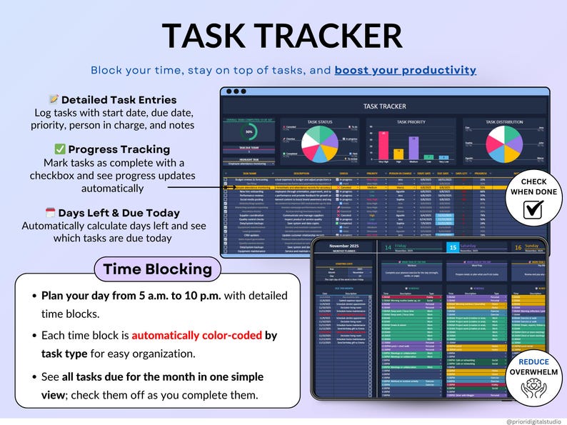 Dark mode ADHD Life Planner designed in Google Sheets and Excel to help you stay organized with an all-in-one digital dashboard. Includes a 2026 calendar, weekly and monthly planners, to-do lists, time blocking, goal tracking, habit tracker, budget and savings trackers, debt tracker, meal planner, grocery list, fitness and hydration trackers. A simple, modern, and easy-to-use spreadsheet template for everyday life management.