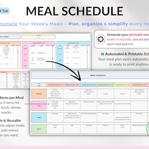 Weekly Meal Planner Spreadsheet for Google Sheets and Excel – organize your family meals, track recipes, plan grocery lists, monitor calories and macros, log hydration and weight, and manage food inventory automatically. Includes 15 tabs for recipes, meal scheduling, printable shopping lists, and weight loss tracking. Perfect for efficient meal planning and healthy eating.