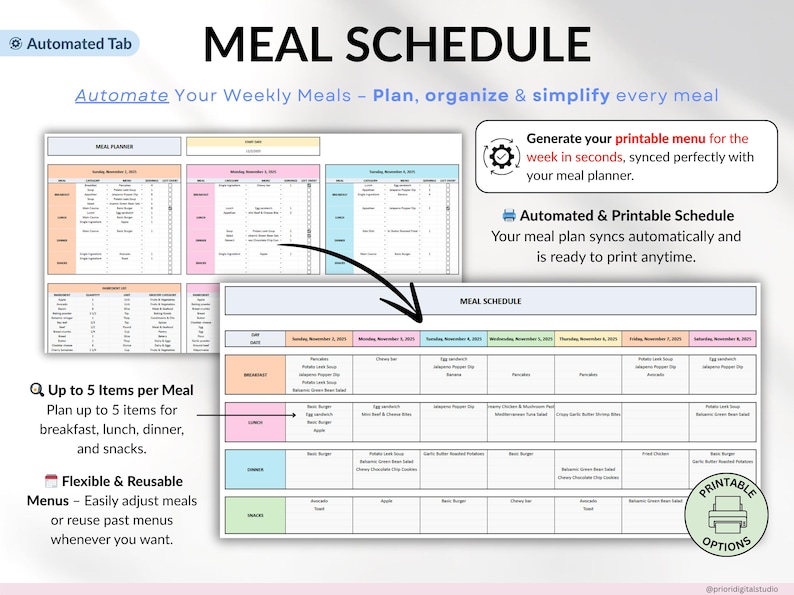 Weekly Meal Planner Spreadsheet for Google Sheets and Excel – organize your family meals, track recipes, plan grocery lists, monitor calories and macros, log hydration and weight, and manage food inventory automatically. Includes 15 tabs for recipes, meal scheduling, printable shopping lists, and weight loss tracking. Perfect for efficient meal planning and healthy eating.