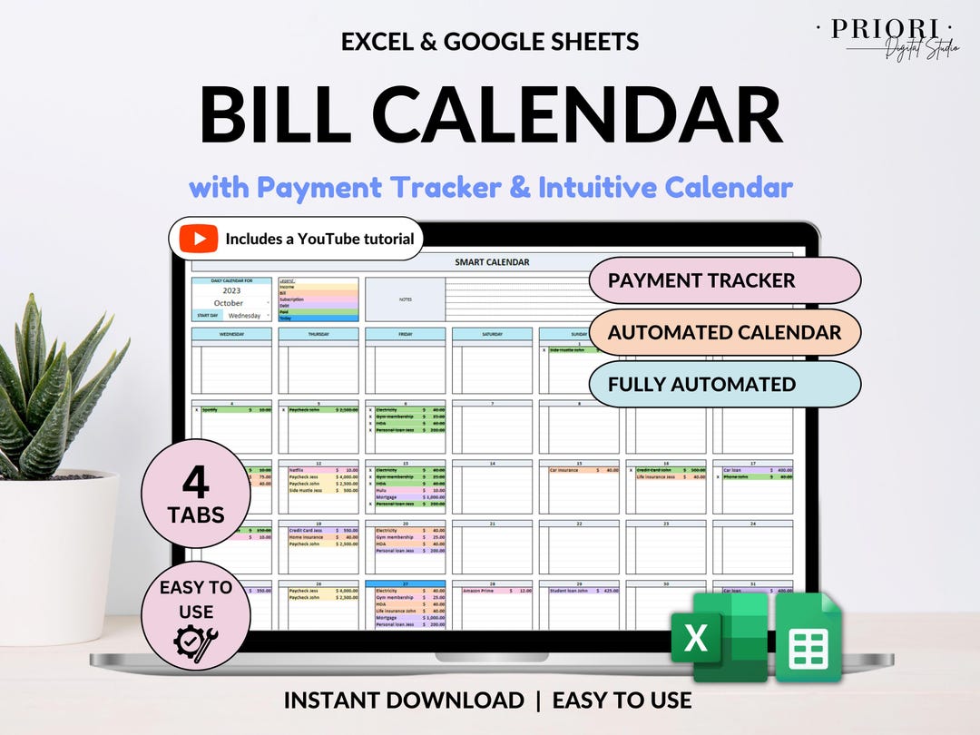 Buy Bill Tracker Spreadsheet Google Sheets Excel Bill Calendar Monthly ...