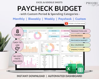 Paycheck Budget Spreadsheet Google Sheets & Excel Template Weekly Paycheck Budget Biweekly Paycheck Planner Bill Tracker Custom Budgeting