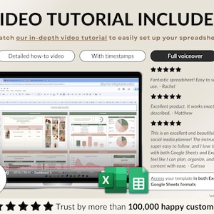 A complete YouTube creator planner in Excel and Google Sheets. Includes brand identity, goals, dashboard, monthly and weekly calendars, video content planning, 30-day schedule, collaboration tracker, and finance hub. Perfect for YouTubers, vloggers, and social media content creators to stay organized, plan videos, track progress, and grow their channel with a clear content strategy and planner system.
