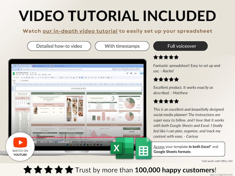 A complete YouTube creator planner in Excel and Google Sheets. Includes brand identity, goals, dashboard, monthly and weekly calendars, video content planning, 30-day schedule, collaboration tracker, and finance hub. Perfect for YouTubers, vloggers, and social media content creators to stay organized, plan videos, track progress, and grow their channel with a clear content strategy and planner system.